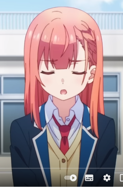 a young anime girl with long pink hair parted to her right side. she has large brown eyes that are almost closed, showing annoyance or tiredness. she is wearing a typical japanese school uniform with a blue jacket and a white shirt underneath. her red tie matches her pink hair.  the background implies she is outside of a school.