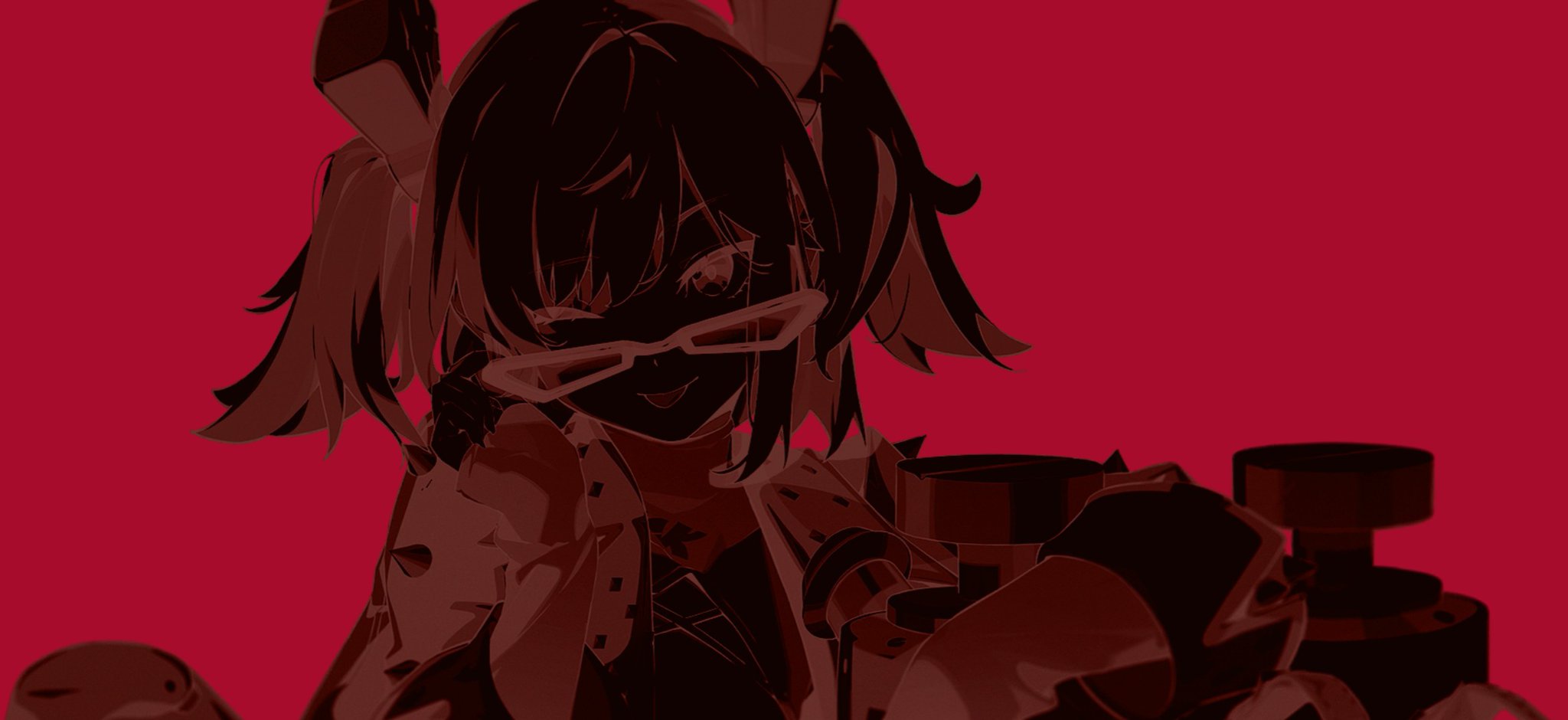 this is a digital art illustration featuring an anime girl character with white and red hair wearing sunglasses. the character is dressed in a black and white jacket, and the background is a red color. she has a cool pose and is looking at something with a smile.