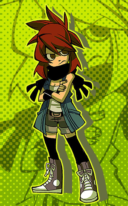 this is a cartoon image of a girl in a blue shirt and black leggings with a red hair. she is wearing white shoes and is looking serious. the background is a green comic book style.