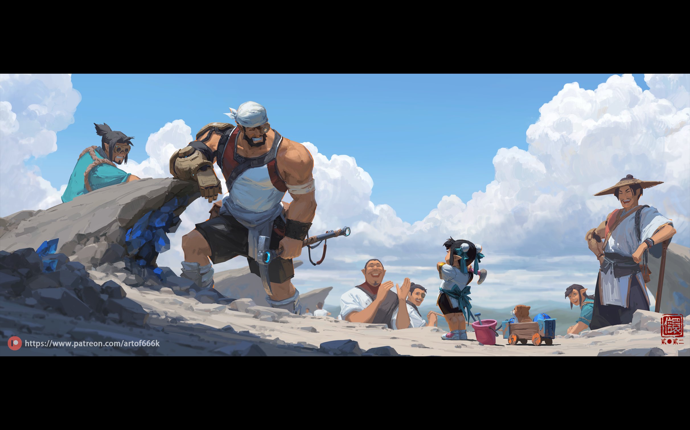 he artwork depicts a group of diverse characters, appearing to be miners or treasure hunters, gathered around a rocky outcrop where large, blue crystals are visible.  the setting is a sunny mountainous area with a bright sky full of fluffy clouds.  the group includes a muscular, shirtless man who seems to be the leader, a slender woman in flowing teal clothing, several other people of varying genders and appearances, and a small child.  they all seem happy and relaxed, implying a successful find.  the style is fantastical, hinting at a rich fictional world. the overall mood is joyful and adventurous. a small wagon with toys is in the foreground suggesting a child's presence.  the background shows additional characters and a wider landscape, enriching the scene's depth. the artist's signature or watermark is visible in the bottom right corner.