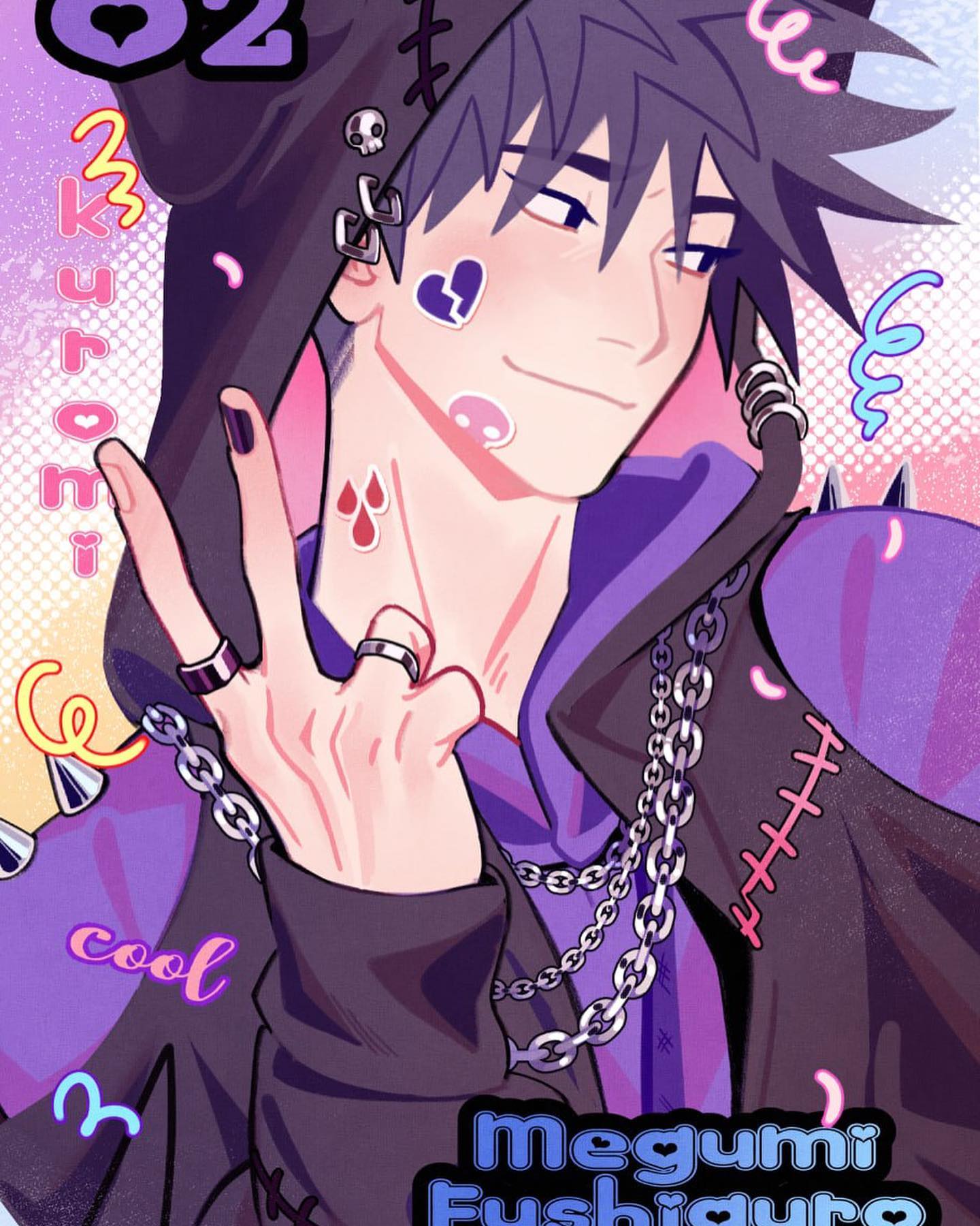 the image is a vibrant piece of fanart depicting megumi fushiguro from the anime and manga series jujutsu kaisen. he's styled in a cool, alternative outfit with a purple hooded jacket, multiple chains, and studded details.  he's making a peace sign with one hand, and his style is enhanced with various stickers and small tattoolike markings on his skin, including a broken heart and small skull designs.  the background features stylistic elements such as swirls and text, including the name "megumi fushiguro" prominently displayed at the bottom.  the overall aesthetic is a blend of cute and edgy, highlighting a stylish and unique interpretation of the character.