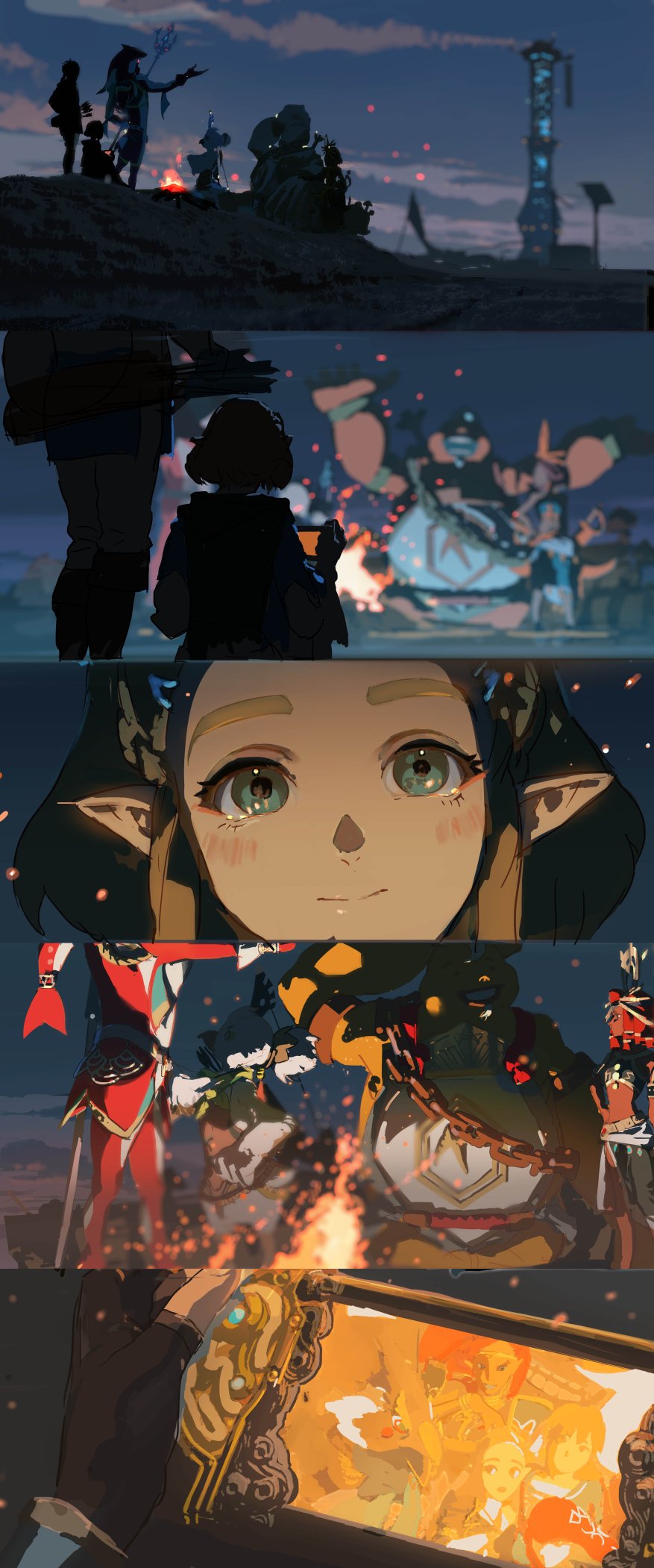 the image is a vibrant and intricate anime illustration depicting a journey of selfdiscovery and adventure. the scene takes place in a mystical and fantastical world, where the sky is painted with a fiery sunset and the forest is filled with magical creatures. the main character, a beautiful young woman with flowing hair, stands in the foreground, her gaze fixed on a campfire that burns brightly in the distance. around her, other characters gather, their faces illuminated by the flames. the image is full of symbolism and meaning, suggesting a sense of wonder, hope, and the power of dreams. the use of bright, vibrant colors and intricate details create a sense of depth and realism, while the overall style is both whimsical and dramatic. the image tells a story of transformation, growth, and the importance of following one's own path.