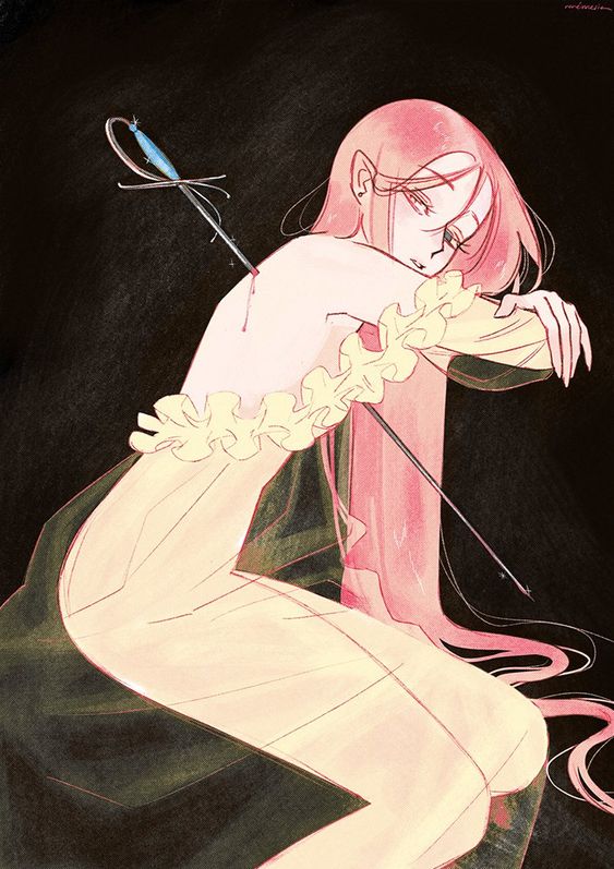 a pinkhaired girl in a yellow dress is sitting down with a sword stabbed through her back. she has her eyes closed and looks to be in pain. the background is dark and the lighting is soft.