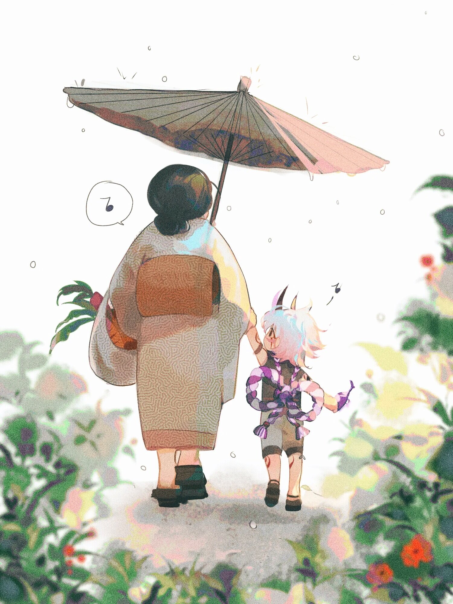 the illustration depicts a heartwarming scene of a woman in a kimono walking handinhand with a small child under a traditional japanese umbrella in a garden setting. the style is reminiscent of anime or manga, with soft pastel colors and a whimsical, gentle atmosphere. the woman carries a bundle of plants, and the child is dressed in casual clothing with a scarf. the overall mood is peaceful and serene, evoking a sense of happiness and connection between the two figures.  the background features lush vegetation and a light rain.