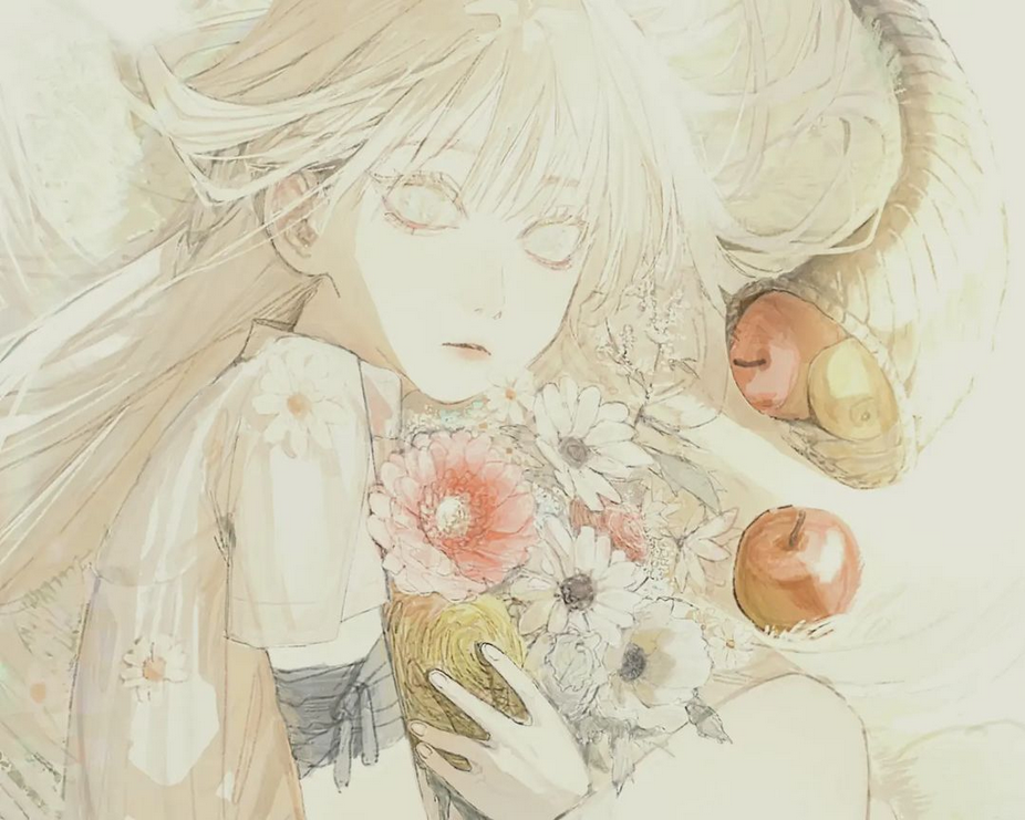 a beautiful anime girl with long blonde hair and blue eyes is surrounded by delicate flowers in a dreamy, pastelcolored illustration.