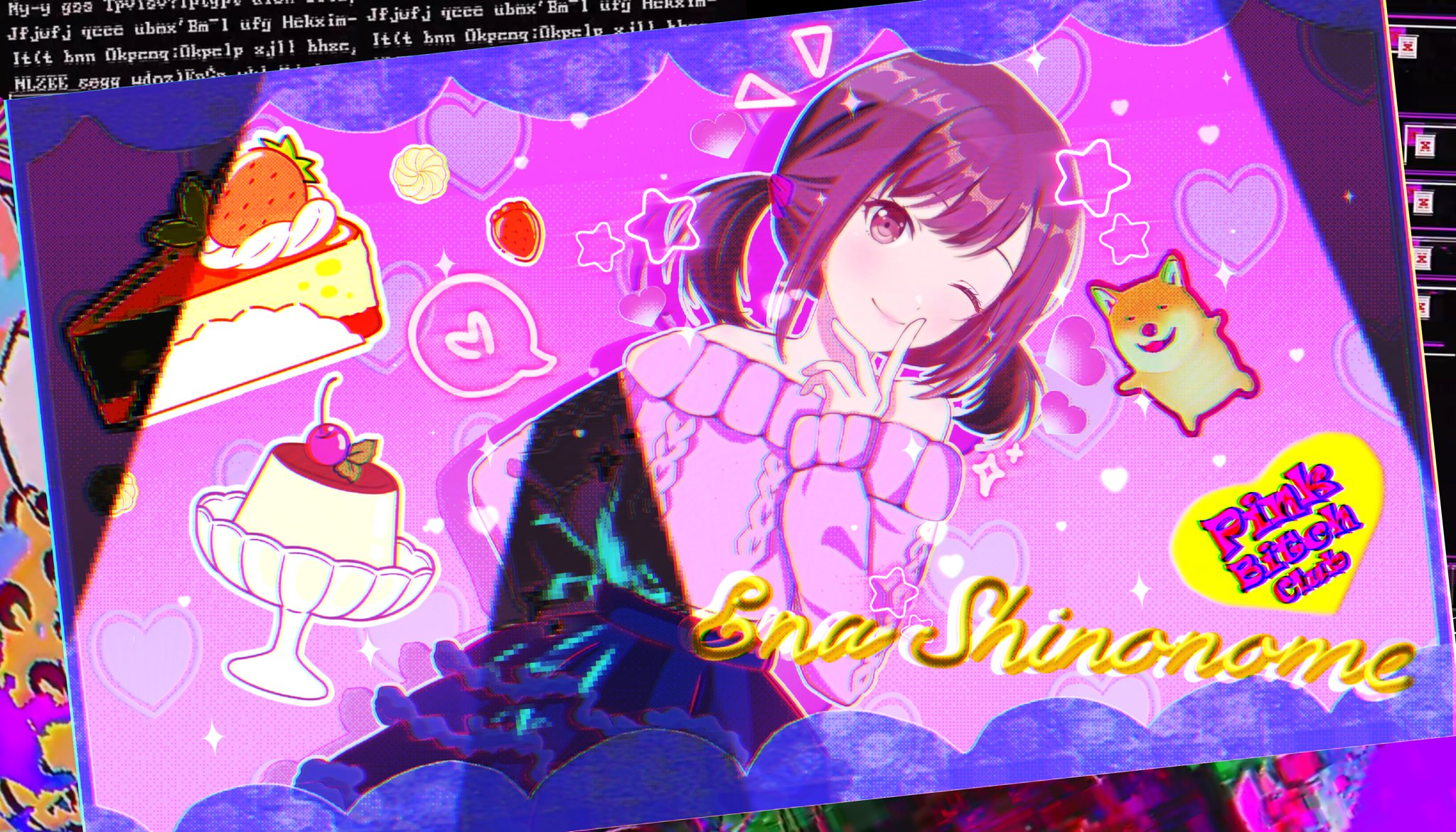 the image is a vibrant piece of digital fanart depicting ena shinonome, a virtual youtuber (vtuber), in a stylized aesthetic blending elements of kawaii, vaporwave, and glitch art.  ena is portrayed in a cute, pinkandpurple outfit, making a peace sign.  the background features various pastelcolored sweets, such as a strawberry cake and pudding, hearts, stars, and a shiba inu sticker. the text "pink bitch club" is prominently displayed, along with "ena shinonome". the overall style is heavily saturated with pink and purple hues, overlaid with a subtle glitch effect creating a retrofuturistic feeling.  the image has a chaotic yet visually appealing aesthetic.