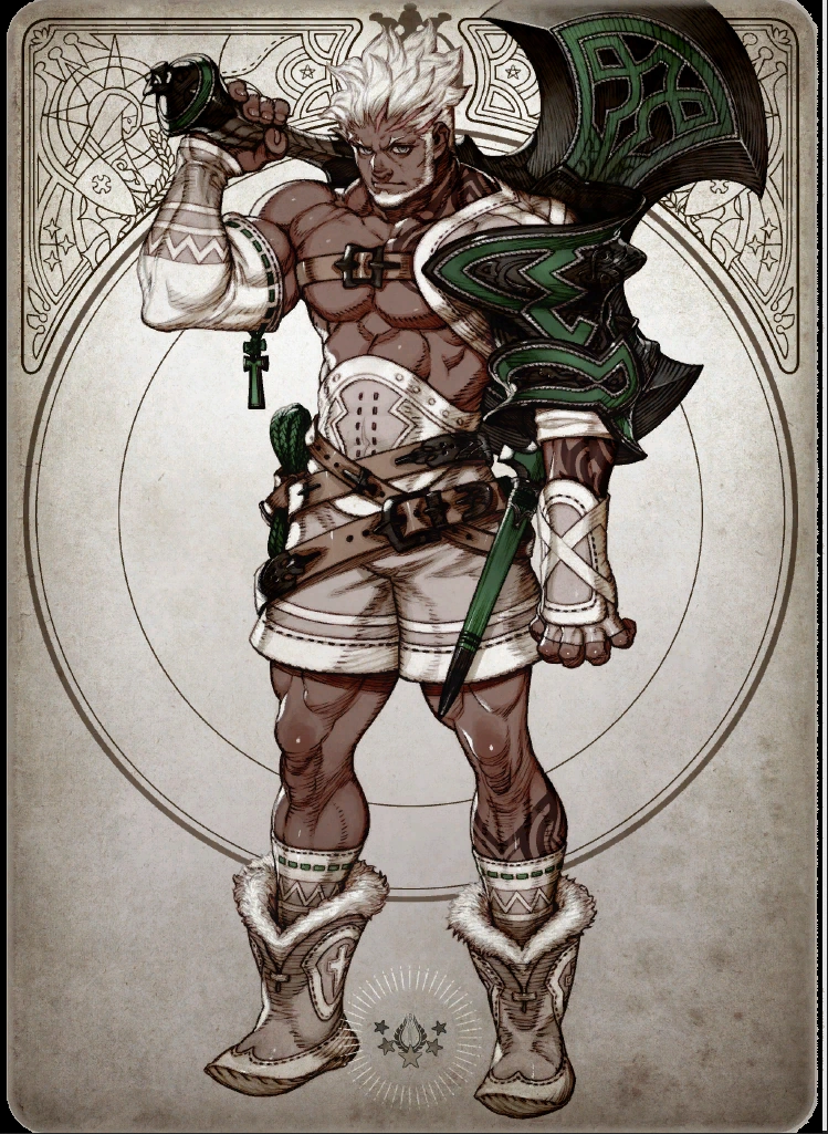 a digital illustration of a darkskinned male fantasy warrior character concept. the muscular character is in a dynamic pose, holding a large axe over his shoulder. he is wearing minimal clothing, primarily white, accented with brown leather. his expression is serious and determined. the background is an ornate frame in a circular design.