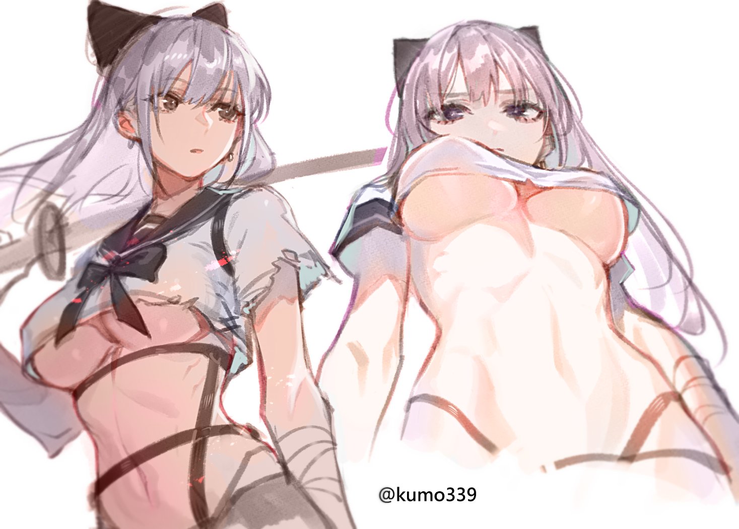 the image shows two anime girls with grey hair and cat ears. one is wearing a school uniform and has a sword, while the other is wearing a revealing outfit. the image has an erotic tone.
