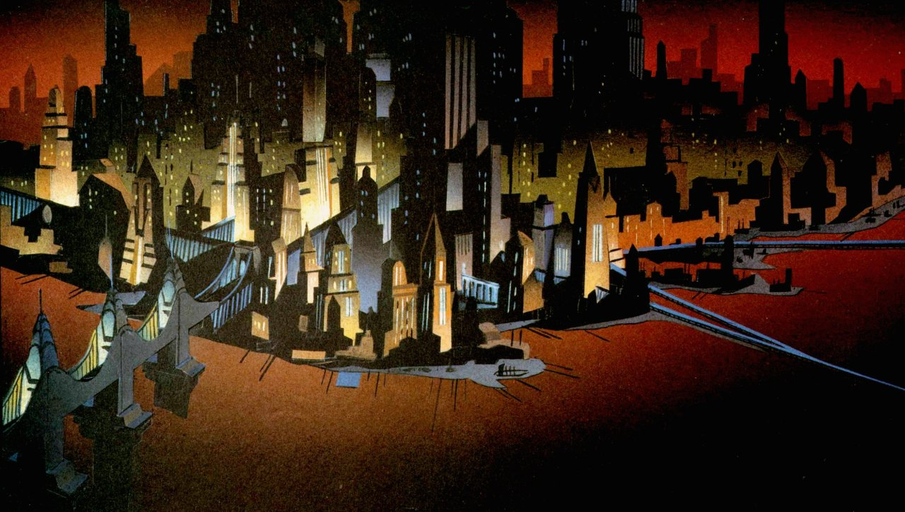 the image showcases a panoramic view of gotham city at night. rendered in a dark and gritty art style, the cityscape is dominated by towering skyscrapers and a prominent bridge in the foreground. the city is illuminated by artificial lights, casting an orange glow on the horizon and creating a sense of foreboding.  the overall palette is dark and muted, emphasizing the noir atmosphere.