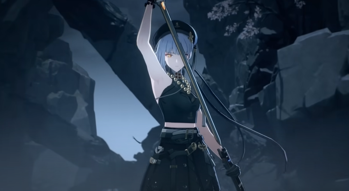 the image showcases a female anime character with striking blue hair, dressed in a warrior's attire. she stands in a dimly lit, rocky environment, possibly at night, holding a katana aloft with her right hand. the low camera angle accentuates her powerful stance, illuminated by a spotlight that highlights her figure against the dark background. the overall atmosphere is one of action and fantasy.