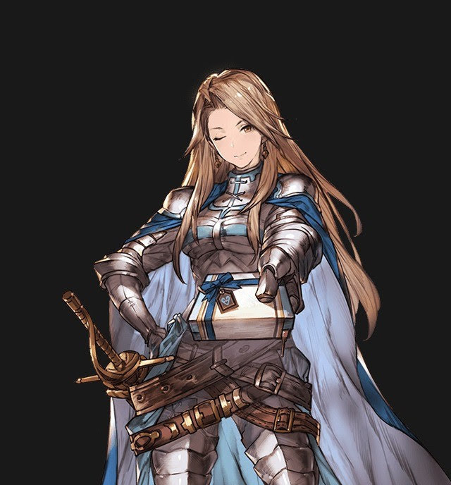 a digital art illustration of a young, animestyle female knight with long blonde hair and a winking expression. she wears white and blue armor, a blue cape, and a white gift box adorned with a blue ribbon in her right hand, which is extended towards the viewer. she is armed with a sword and other weapons, showcasing her warrior spirit.  the art style is detailed and captivating, with vibrant colors and a sense of depth. the overall image conveys a feeling of strength, confidence, and a friendly, welcoming energy.