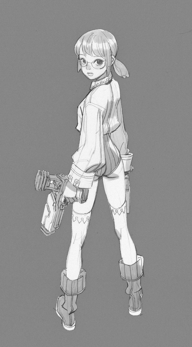 a grayscale drawing of an anime girl character with short hair, wearing glasses, a white shirt, black shorts, and boots. she holds a futuristic gun.