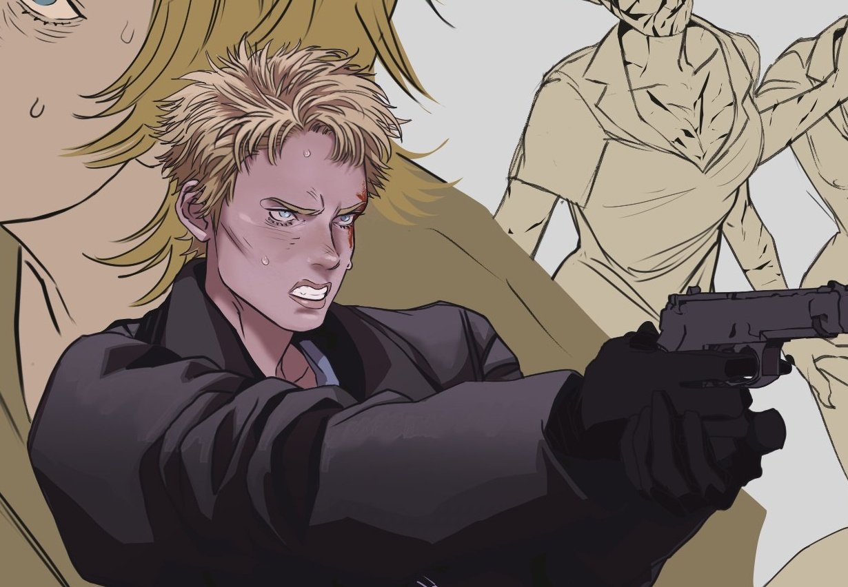 an animestyle illustration depicts a seriouslooking male character with blond hair, holding a gun. he's dressed in a coat and gloves, suggesting an actionoriented scene. the character is likely engaged in a fight or conflict. there are also blurry images of other people in the background.