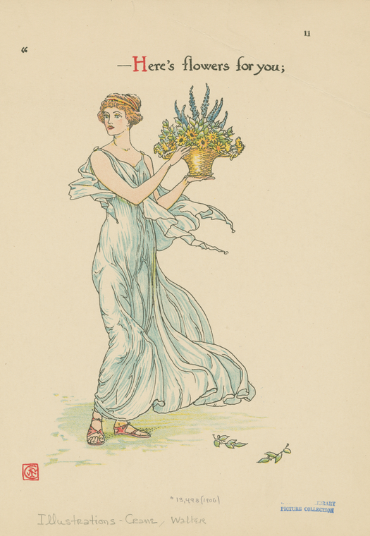 a vintage illustration in the art nouveau style features a woman in a flowing dress holding a basket of flowers. the text above reads "here's flowers for you;". the style is reminiscent of greeting cards from the early 20th century.