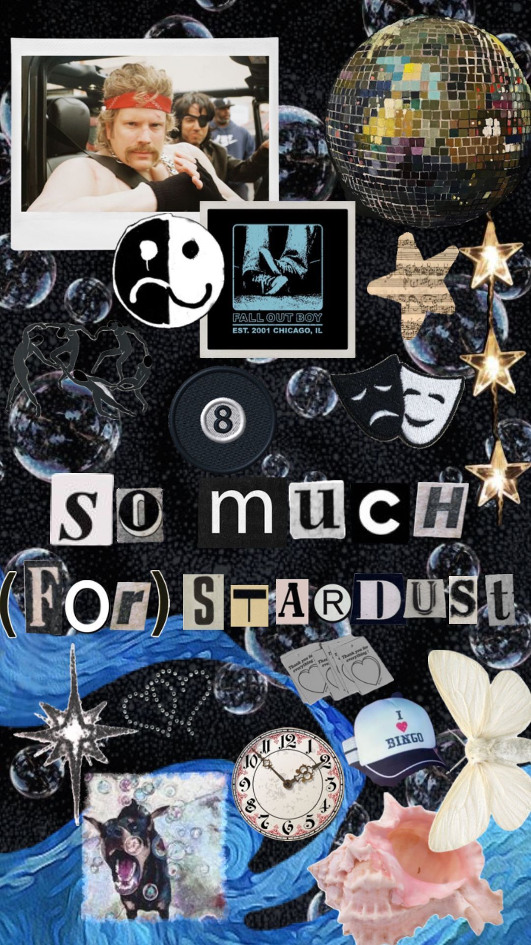 this is a collage of images that create an aesthetic inspired by fall out boy.  it includes images of the band, their logo, a disco ball, a clock, a butterfly, a seashell, and stars.