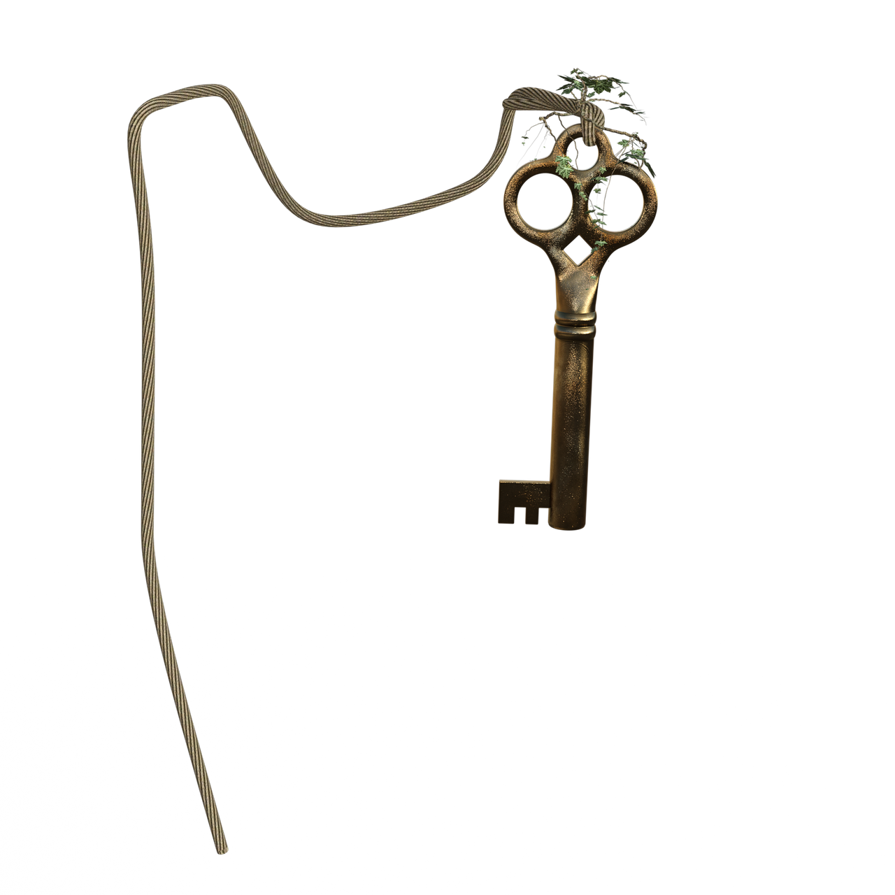 an antique key is suspended from a metal cord against a black background. small plants grow from the area where the cord attaches to the key.