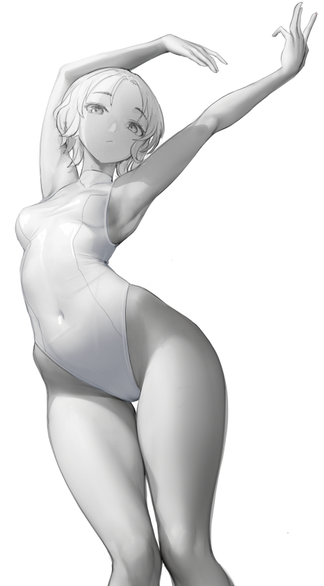 he image is a grayscale digital drawing of an animestyle woman. she has short, lightcolored hair and is wearing a simple onepiece swimsuit. her pose is graceful and athletic, with one arm raised above her head and the other extended to the side.  the style is smooth and somewhat realistic, focusing on the form and pose of the figure. the background is plain white, drawing focus entirely to the subject. the overall mood is one of elegance and subtle sensuality.