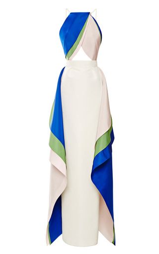 a stylish sleeveless evening gown with a halter top and a cutout design. the gown is mainly white with blue, green, and pink accents.