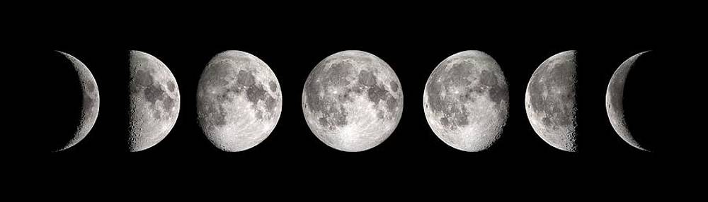 the image showcases the eight distinct phases of the moon in a horizontal sequence, set against a stark black background. each phase, from the barelythere sliver of a new moon to the full, bright disc, is captured in sharp detail, revealing the varying shadows and textures of the lunar surface.