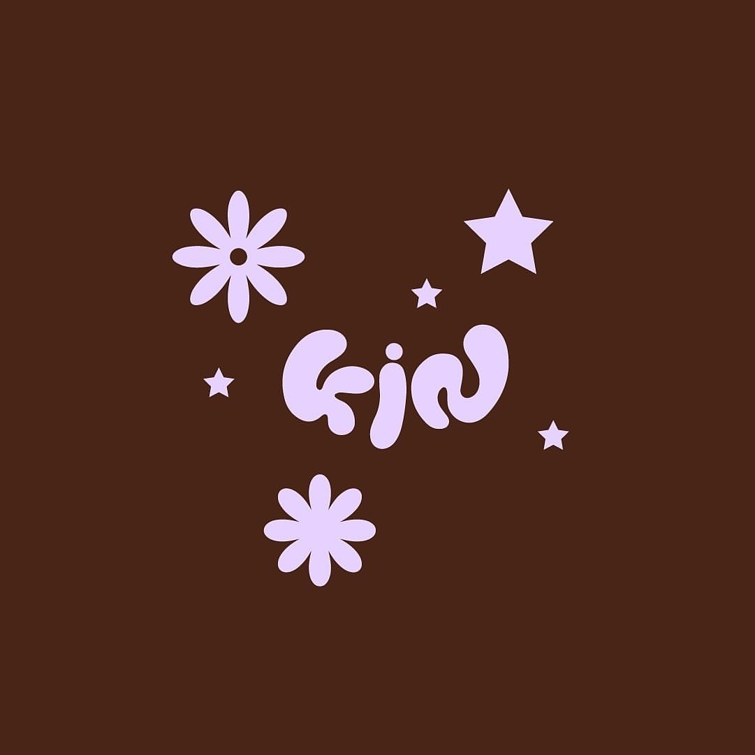 the image features the word "fun" in a playful, bubbly font, surrounded by simple flower and star shapes. all elements are rendered in a pale lavender hue against a solid dark brown background. the style evokes a retro, 70s aesthetic.