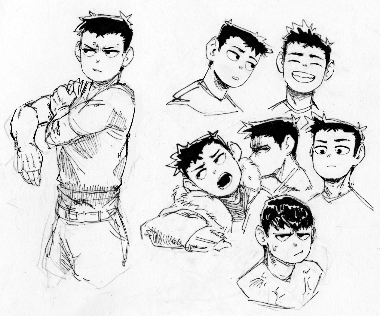 a hand drawn sketch of a young male character in different poses and expressions. the character is drawn in a manga/anime style with a variety of facial expressions. the drawing is done in black and white ink.  the drawing is of the character's head and upper body. each pose is distinct, with different facial expressions.  the character is wearing casual clothing. the sketch is done on white paper.  the character has a variety of hairstyles in each pose.