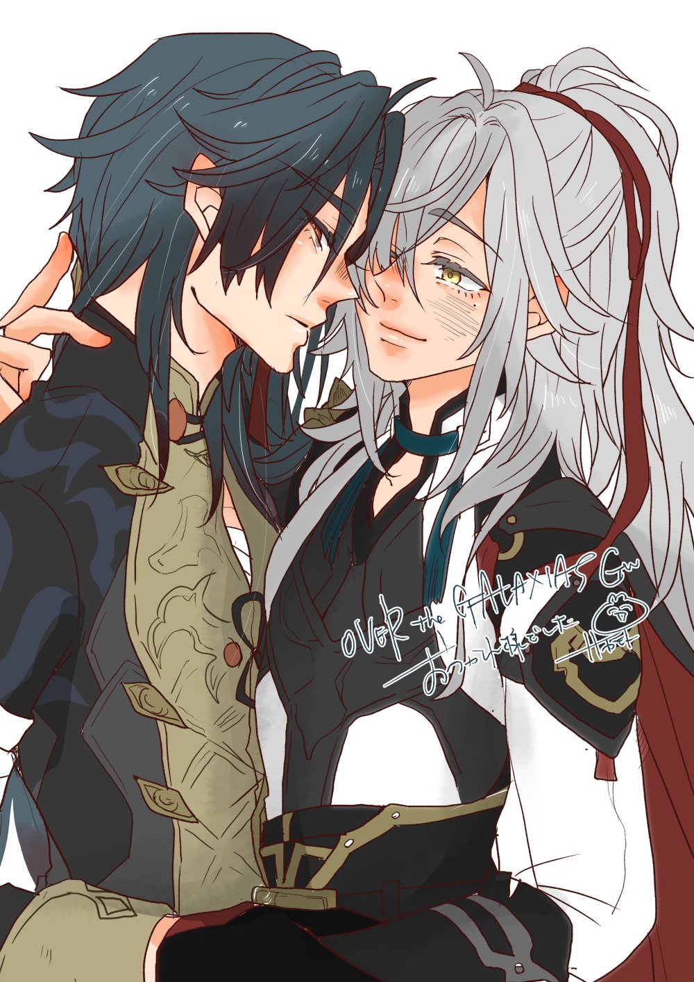 the image depicts a closeup view of an anime couple embracing each other. the man on the left has long dark blue hair and is wearing a black and gold outfit, while the man on the right has long white hair and is wearing a white and black outfit.  they are gazing lovingly into each other's eyes, and the man on the left is gently holding the man on the right's face. the image is filled with tenderness and affection.