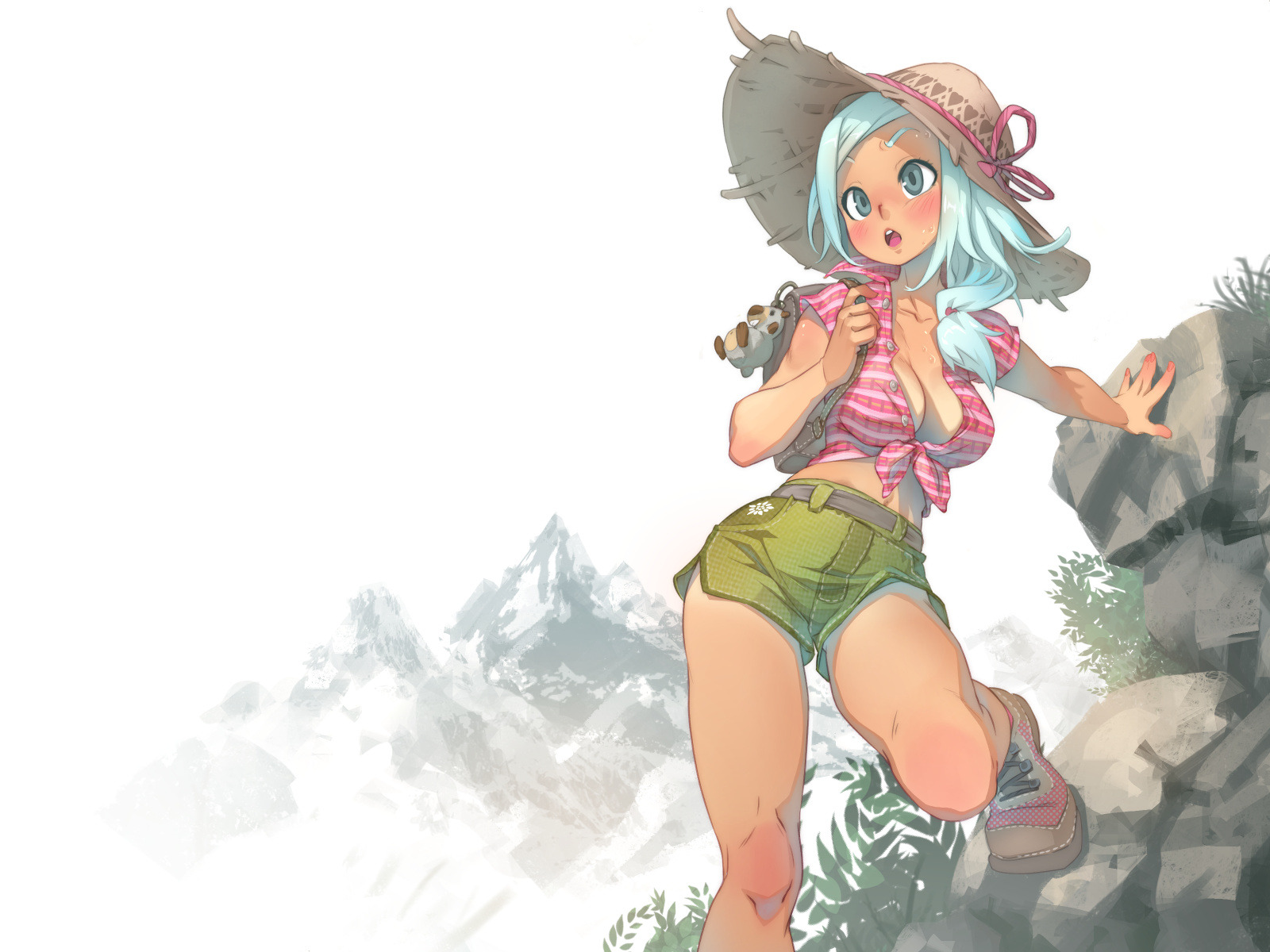 a young anime girl with blue hair is smiling and walking on a mountain path. she is wearing a pink and white striped shirt, green shorts, and a straw hat. she has a small backpack on and is carrying a small stuffed animal. the background is a beautiful mountain landscape with cloudy skies. the girl is enjoying her outdoor adventure.