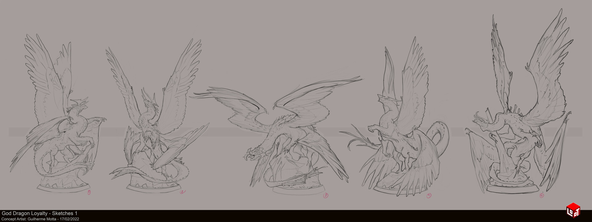 the image shows five different sketches of a dragon and eagle fighting. they are all drawn from a side view.