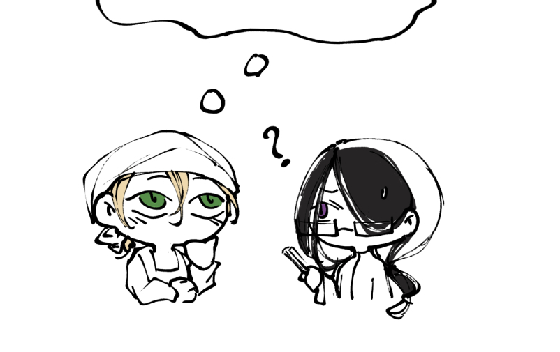 a cartoon drawing of two anime characters, one with blonde hair and one with black hair, looking at each other and thinking. the blonde character has thought bubbles above their head with question marks inside. the blackhaired character is holding a brush and looks confused. the image has a playful, cartoon style and suggests an inquisitive exchange between the characters.
