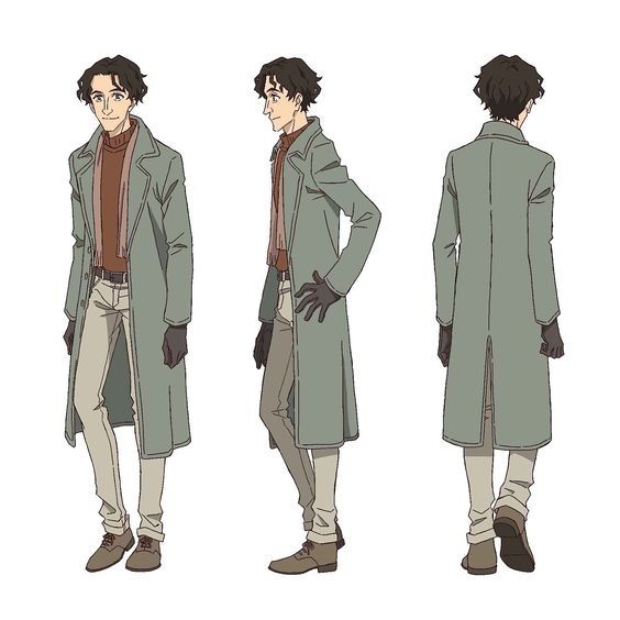 a character design sheet shows a male character in three different views: front view, threequarter view, and back view. he is wearing a long green coat, brown scarf, white turtleneck, white pants, brown boots, and black gloves.