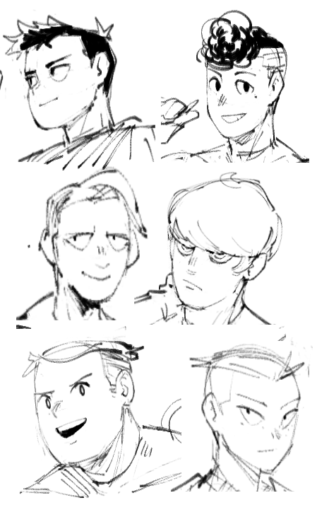 this is a sketch of six male characters, each portrayed in either a side or front profile. the drawing is done in black and white, creating a clean and simple aesthetic. each character exhibits unique features in their faces, hairstyles, and expressions. the line art is expressive, and the overall style resembles anime or manga art.