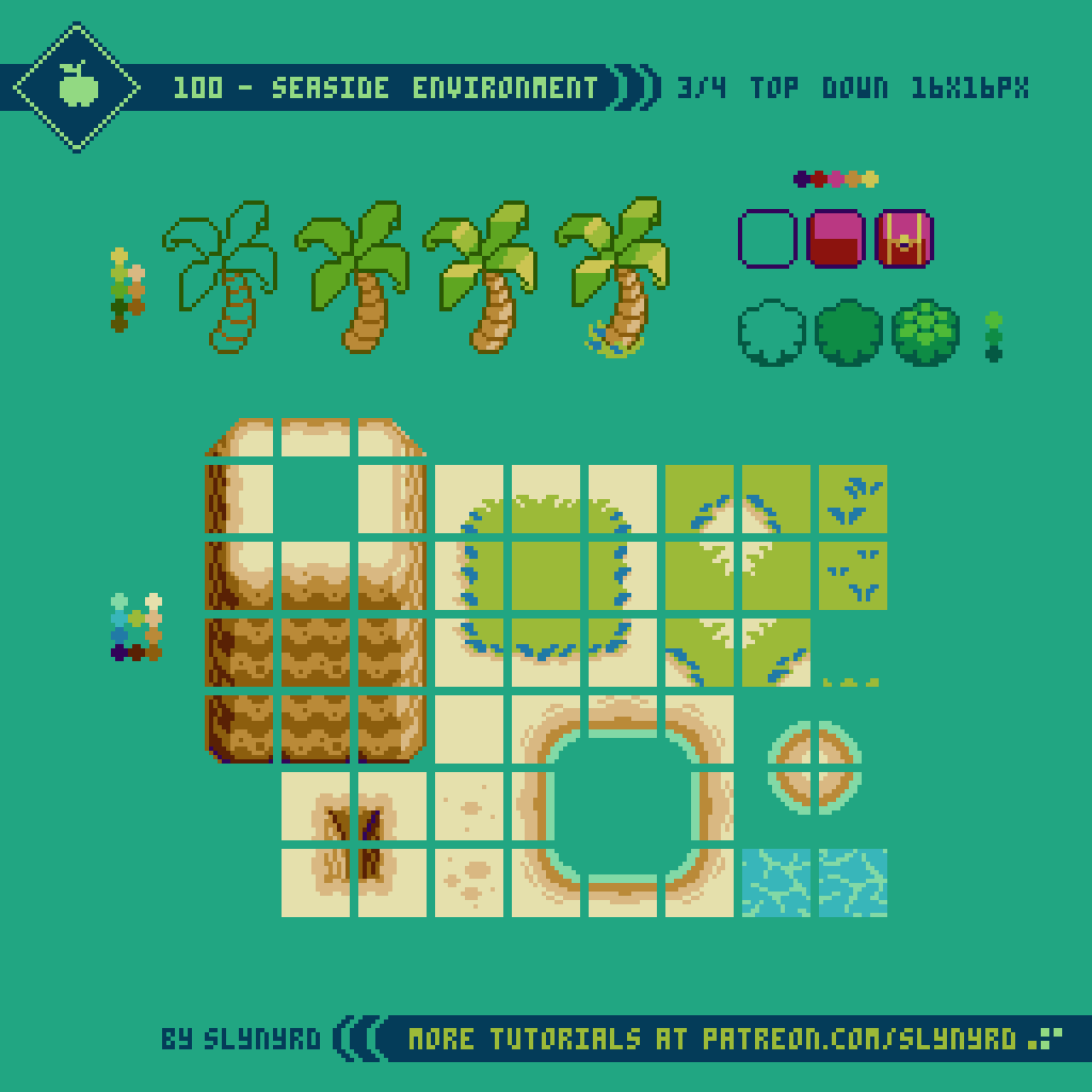 a pixel art tile set (16x16 pixel resolution) depicting a tropical seaside environment. it features palm trees, various ground tiles, water, and decorative elements that allow for the creation of a beach or island setting in a video game. the assets are designed from a topdown perspective and come with a sample color palette.
