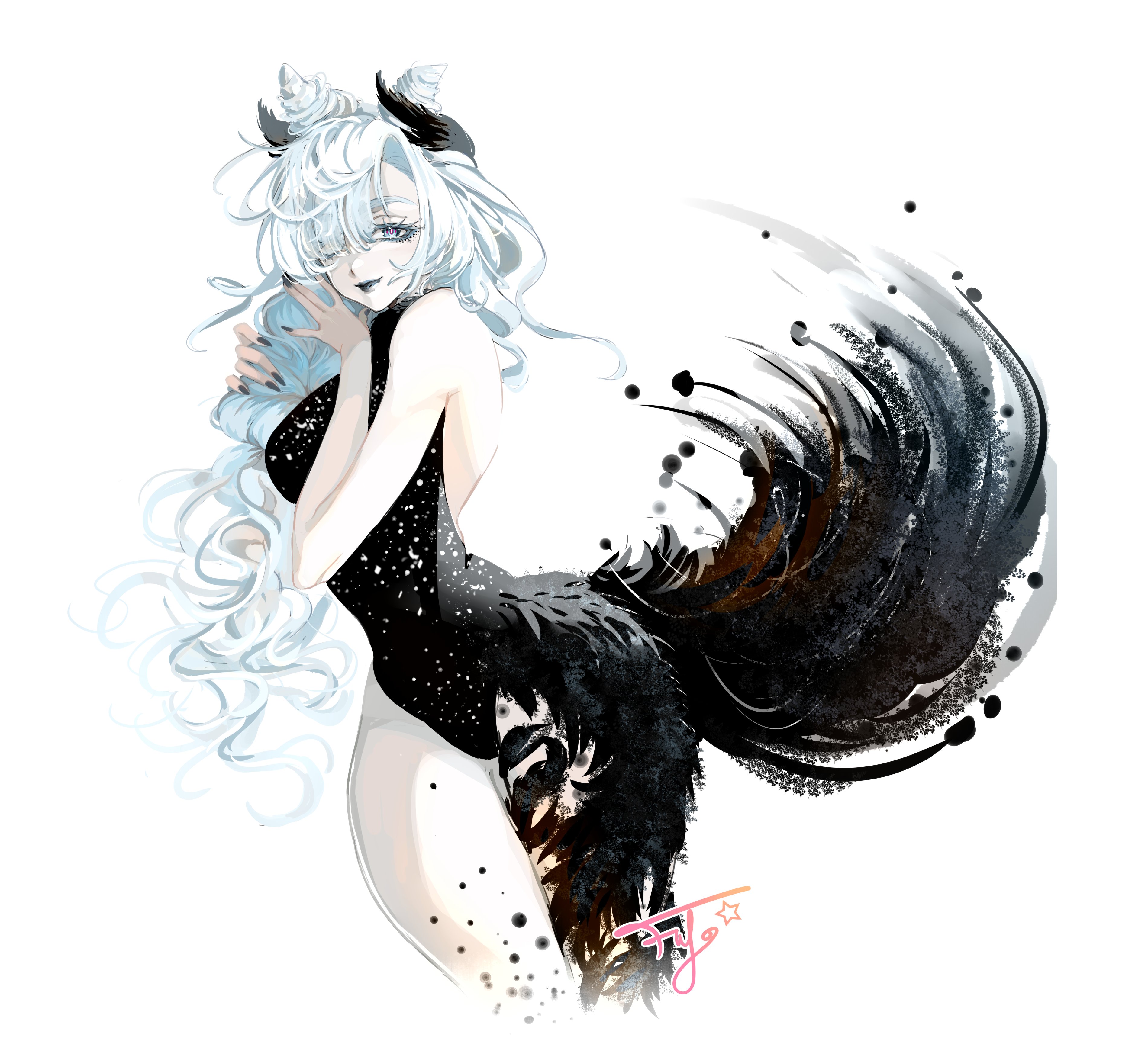 the image is a digital painting or illustration of a stylized animestyle female character. she possesses long, flowing white hair and small horns or ears, giving her a fantastical or mythical appearance.  she's wearing a sleek, black, stardotted bodysuit that blends seamlessly into a large, expressive black feathered or inklike tail that sweeps behind her.  her pose is graceful and suggestive, holding her hair close to her face. the overall style is a blend of soft watercolor and sharp inklike brushstrokes, creating a dramatic contrast between light and dark elements. the artwork is highly detailed and showcases artistic skill in character design and digital painting techniques.  the background is minimalist, drawing all attention to the character. a small artist signature is visible in the lower right corner.