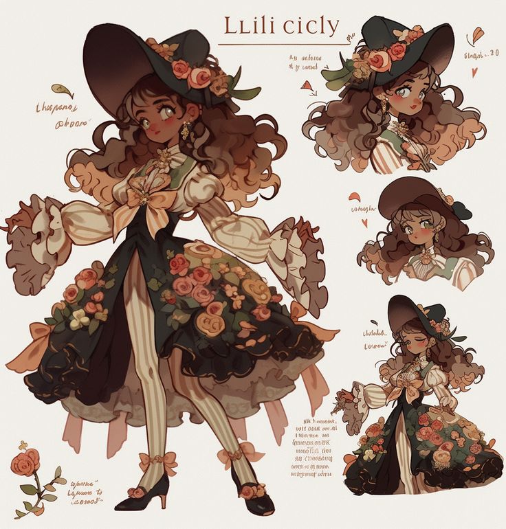 a digital illustration of a young woman, designed in a whimsical, cottagecore aesthetic. the artwork presents a character design sheet with multiple views of the same character, named "lili cicily". she is dressed in an elaborate outfit featuring a black and green floral dress, striped tights, and a large black hat adorned with roses. various annotations on the sheet provide details about the character's design, including color palettes and fabric textures.