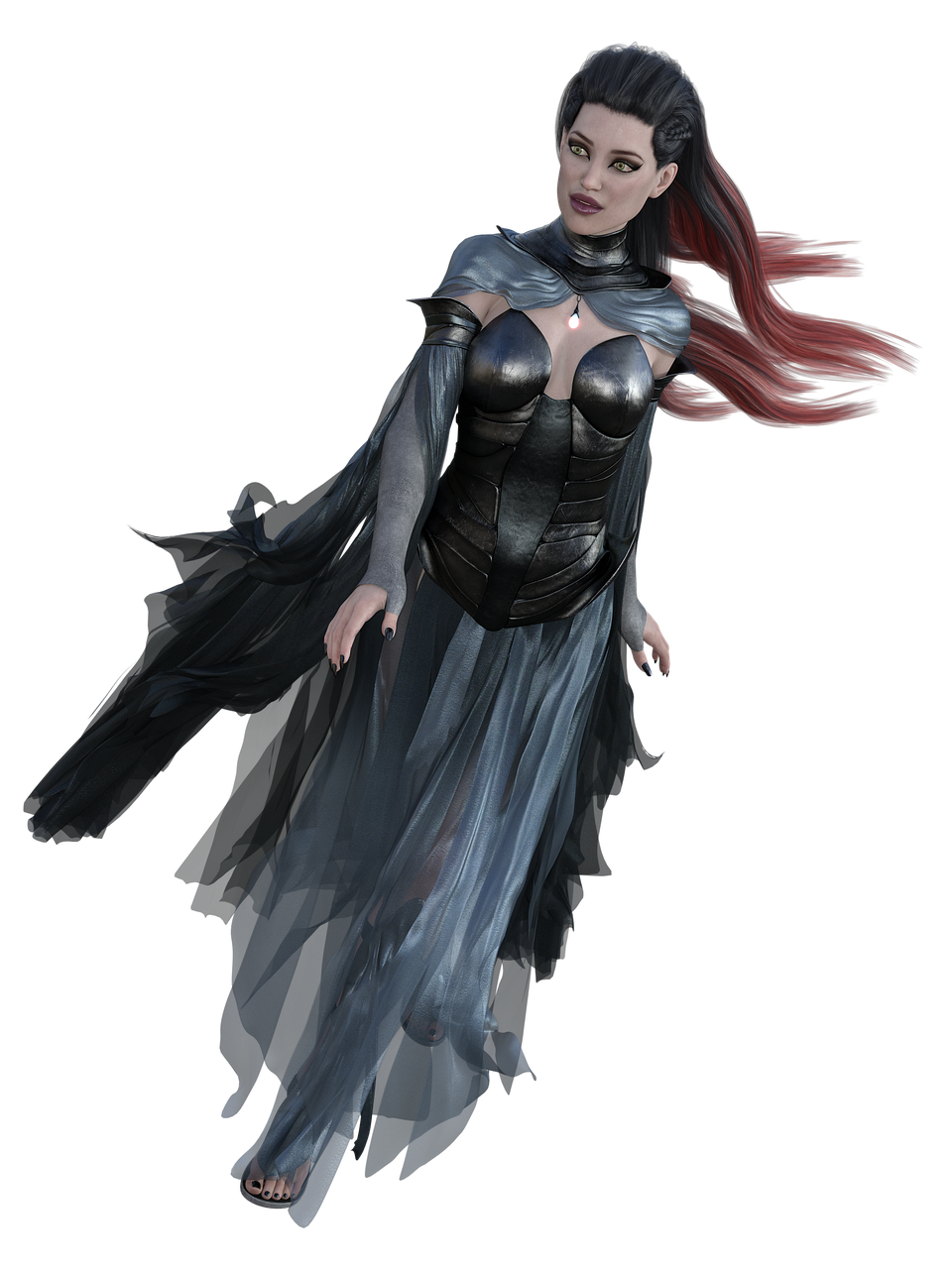 a fantasy digital rendering depicts a fairskinned woman with dark and redstreaked hair, wearing a dark bodice and long, sheer blue gown, along with a cape. she has a necklace with a white gem. the background is black.