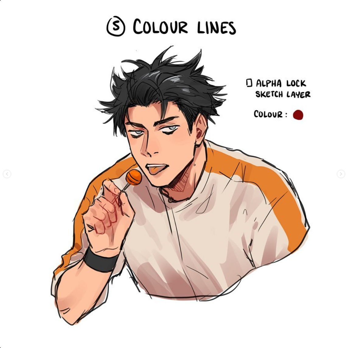 a stylized, digital sketch of a young man with short, dark hair and a lollipop in his mouth. he has a confident expression with raised eyebrows and a slight smirk. the drawing is a tutorial demonstrating a specific step in the digital art process, indicated by the text "3. color lines" and instructions to "alpha lock sketch layer" with a designated red color. the style of the drawing is reminiscent of japanese anime or manga.