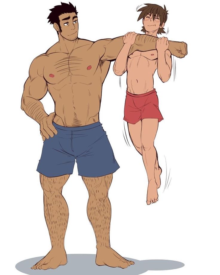 this image depicts two cartoon men, one with a muscular build and a hairy chest, the other with a slim build and a bare chest, wearing shorts. they are holding each other and smiling, standing in a casual, outdoors setting.