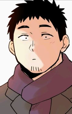 a closeup illustration of a man with short black hair and stubble. he has large, expressive eyes and a gentle smile. he is wearing a brown jacket and a purple scarf. the art style is reminiscent of manga or anime. the lighting is soft, creating a warm and approachable feeling.