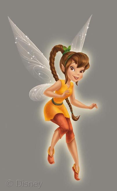 the image shows fawn, a disney fairy from the tinkerbell franchise, in a fullbody shot. she's in midair, likely flying with her translucent, glittery wings. fawn has brown hair in a long braid and wears an orange dress with matching capri pants and shoes. she has a green leaf headband. the background is a soft gray.