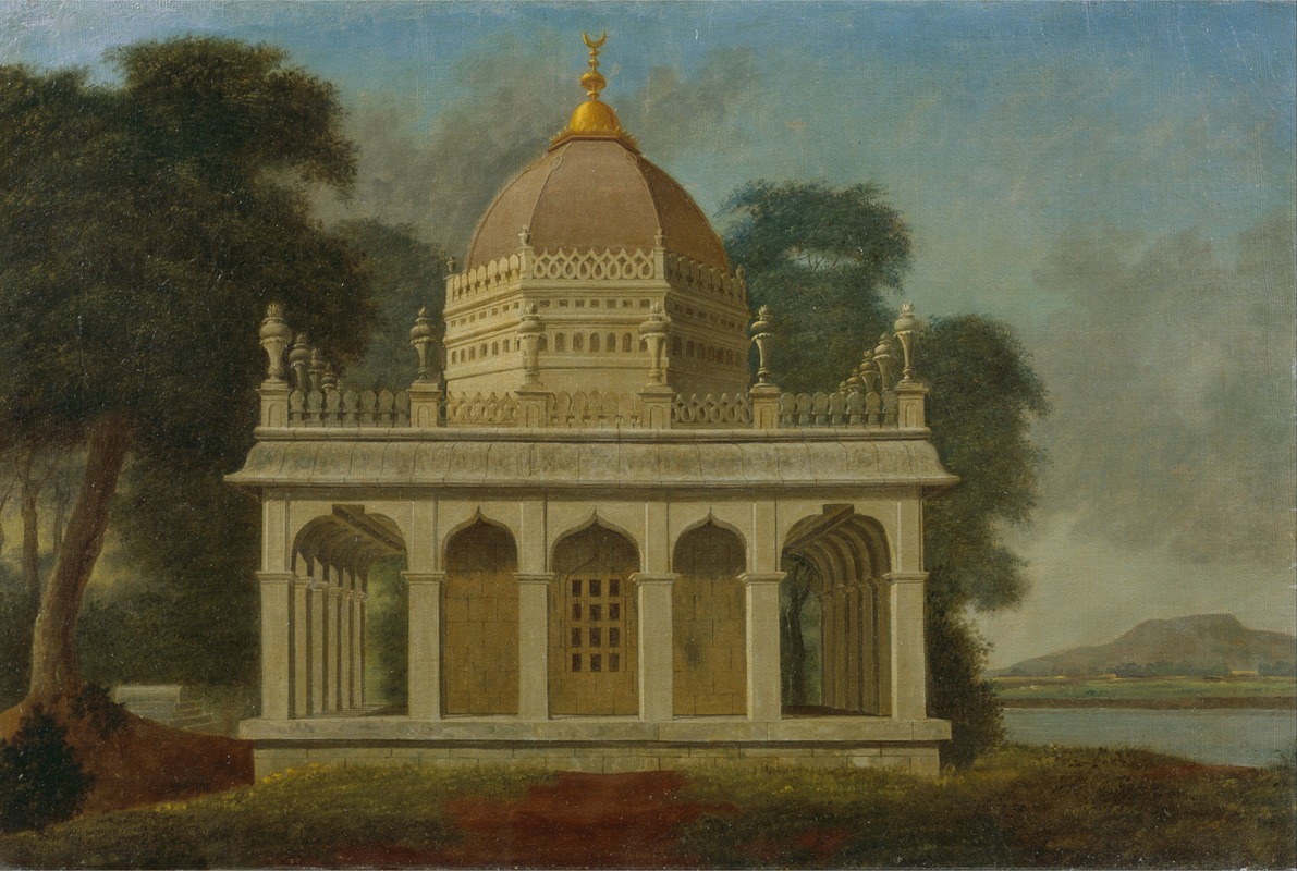 the image is a painting of an islamic architectural structure, possibly a tomb or mausoleum, situated in a natural landscape. the building features a prominent dome with a crescent moon finial on top. the base of the building has arched openings supported by columns, and a decorative parapet. trees surround the building, and a river or lake is visible in the background with a distant mountain. the painting appears to be from a historical period, showcasing the architecture and landscape in a serene setting.