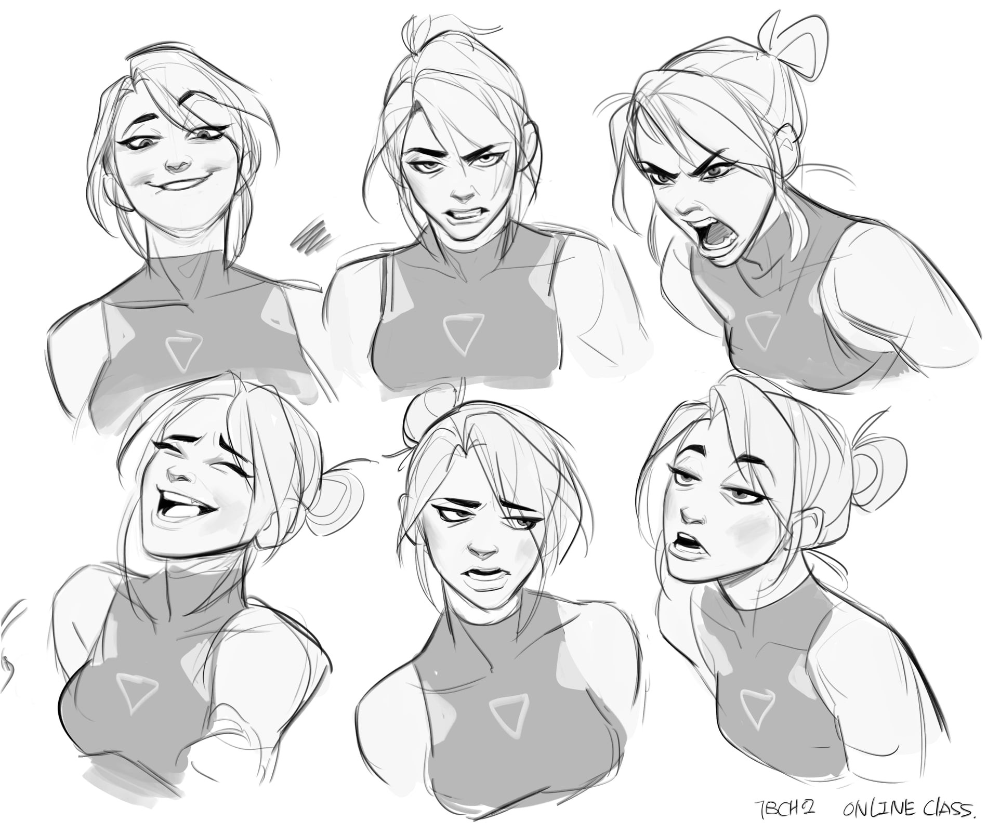 a black and white digital art sketch page of a female character in various expressions. she is depicted in six different headshots, each showcasing a different emotion ranging from happy and smug to angry and annoyed.  the character has short hair styled with a small bun, and she is wearing a tank top with a geometric design. the style of the artwork is loose and expressive. the artist's signature and the text "online class." are visible in the bottom right corner.