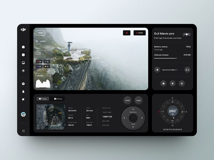 the image shows a user interface for a dji mavic pro drone, displaying a live feed from the drone camera, along with various settings and controls. the interface includes camera settings such as hdr, resolution, frame rate, and level adjustment. it also displays flight information like speed, altitude, flight time, lens settings, and shutter speed. the right side of the interface shows the battery status, altitude limit, and a compass. additional controls are available for video and photo capture, awb, and display settings. the live feed shows a person standing on a cliff edge in a misty landscape.