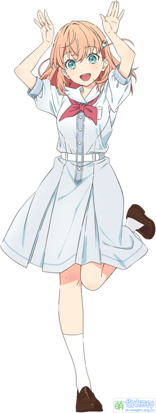 a fullbody animestyle illustration of a girl with coral pink hair and blue eyes, excitedly jumping with her hands raised. she's wearing a white and light blue sailor uniform with a red scarf, white socks, and brown shoes.