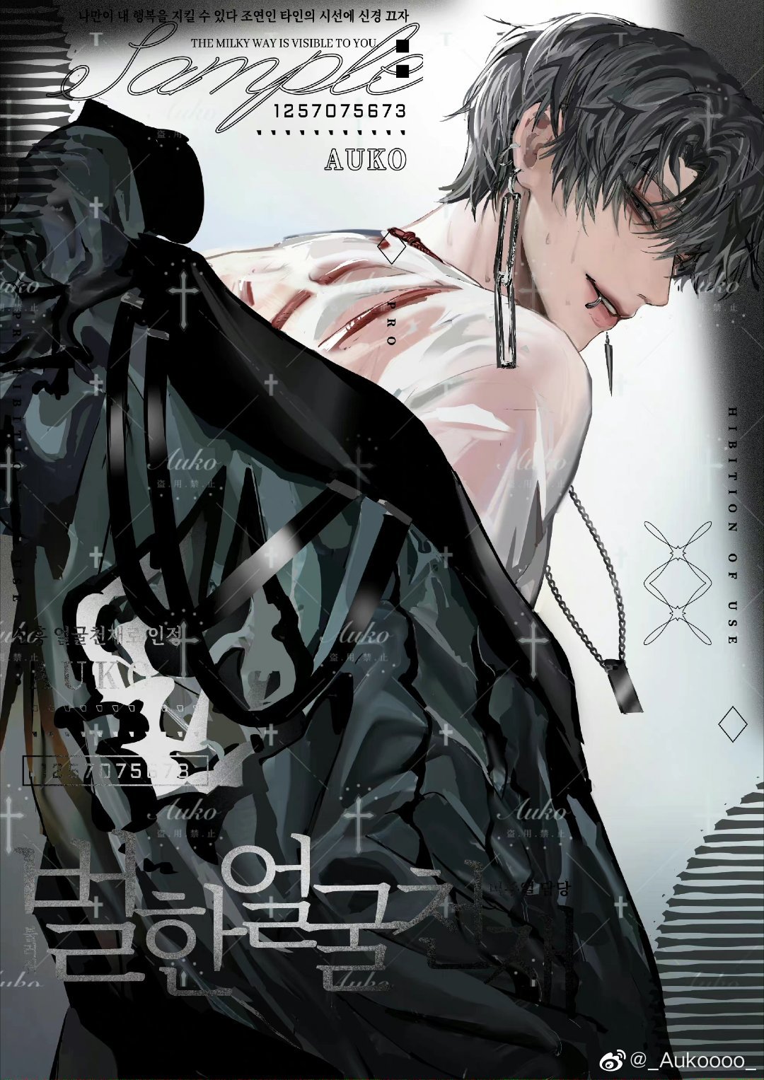 the illustration features a young man with an emo/goth aesthetic, dressed in a black and gray jacket with cross motifs. he has gray hair, multiple piercings, and visible tattoos. the image is in portrait orientation, and the perspective is slightly from below, giving the subject a dominant presence. the background is plain, allowing the figure to stand out. the lighting is soft with dramatic shadows, creating a moody atmosphere. korean text appears at the top and bottom of the image, with english text interspersed. numbers, possibly signifying a date or code, are prominently displayed. the art style is reminiscent of anime and manga, with sharp lines and attention to detail, especially in the rendering of the clothing and accessories.