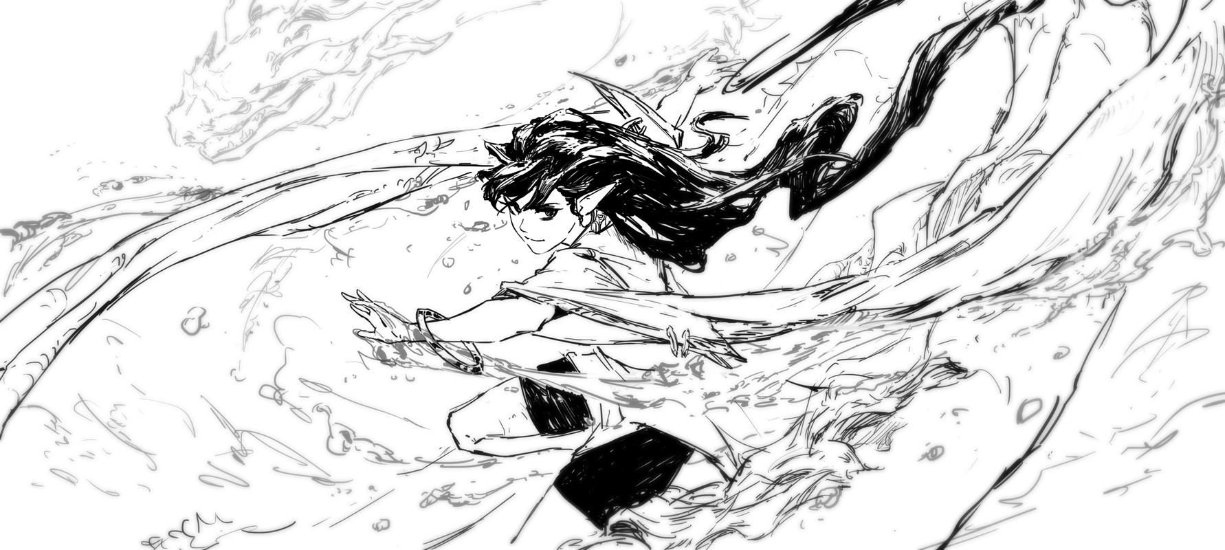 the image is a dynamic black and white sketch of an animestyle elf girl seemingly riding or controlling a pair of large, flowing, dragonlike wings or water currents.  the style is loose and expressive, emphasizing movement and energy. the girl has long hair and pointed ears, and her clothing is loose and flowing, suggesting a powerful or mystical figure. the background is filled with swirling lines that suggest wind or water, adding to the overall feeling of movement and power. the overall style is reminiscent of manga or comic book art.