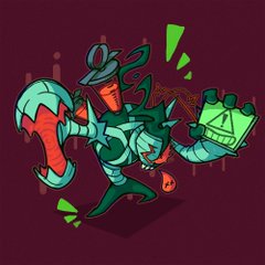 a green and orange cartoon robot character with a single red eye and a mischievous expression. it holds a warning sign and appears to be made of various laboratory equipment. the background is a dark purple.