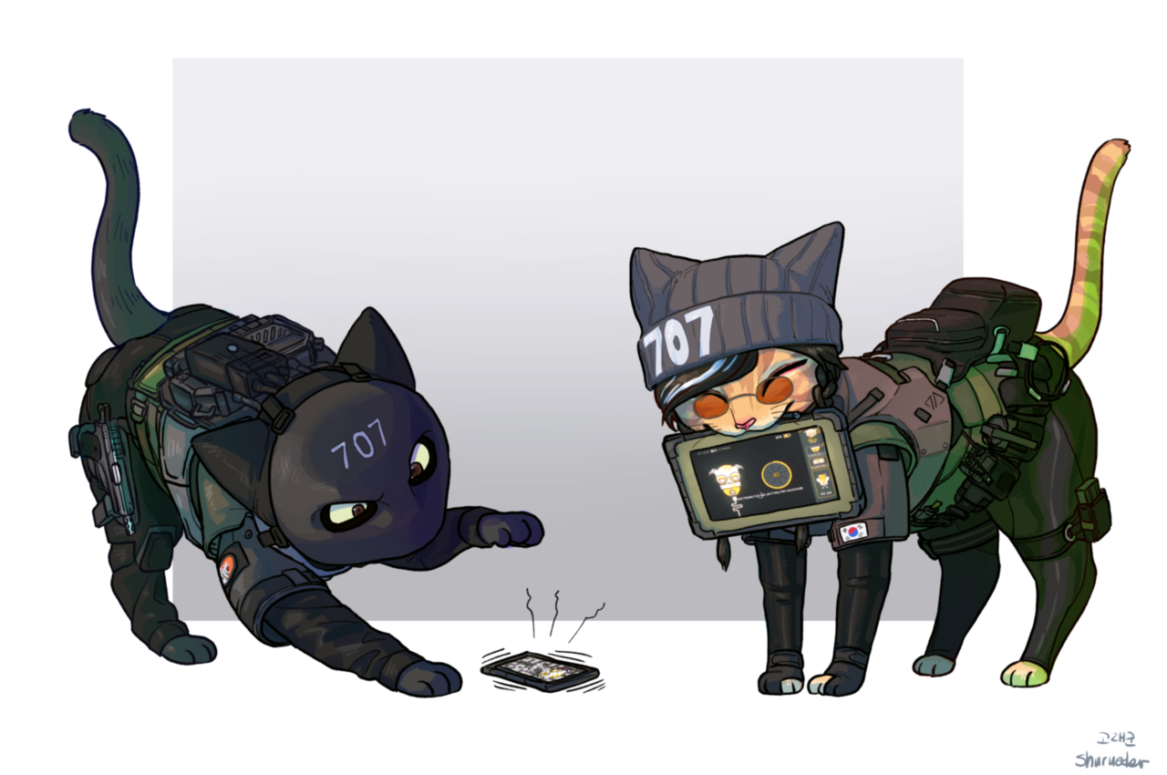 this image depicts two cute cartoon cats, one black and one orange, drawn in a chibistyle. they are both wearing tactical gear and carrying weapons, which suggest that they are soldiers or special operatives. they look ready to go on a mission and are both holding a tablet. both cats have the same code on their outfits  707, possibly suggesting they are part of the same elite unit. the image also has a playful and fun tone.