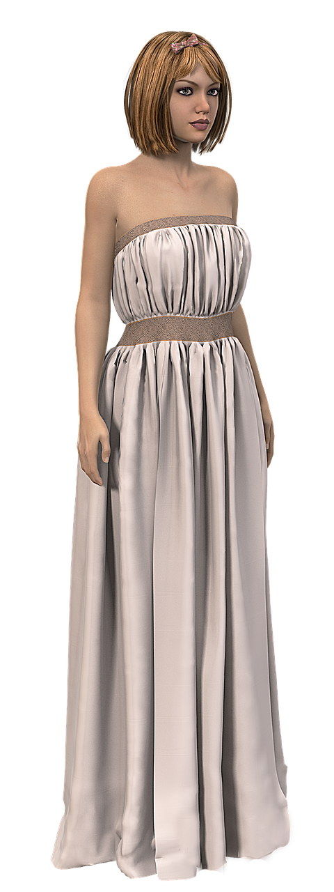 a fullbody shot features a digital rendering of a fairskinned woman wearing a lightcolored strapless gown. she has shoulderlength blonde hair and a subtle pink bow on her head. her facial expression is neutral, with a slight tilt of the head. the dress has a draped bodice and a band around the waist, with a flowing skirt that reaches the floor. the background is solid black, which highlights the figure and the dress.
