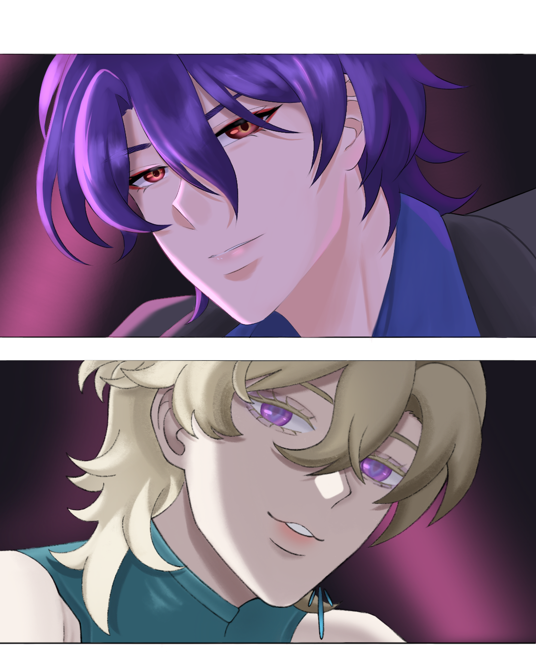 the image is a digital art piece in anime style featuring closeup shots of two male characters. the top character has purple hair and red eyes, wearing a blue shirt and a dark jacket. he is smiling with a seductive expression. the bottom character has blonde hair and purple eyes, wearing a teal top. he also has a seductive smile. the background is dark with pink highlights.