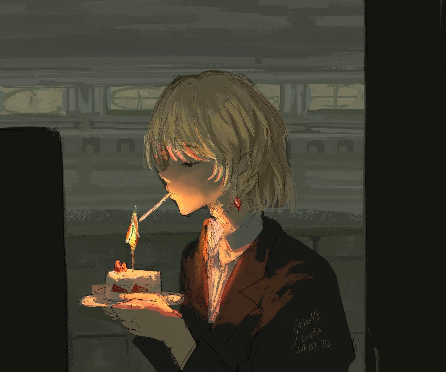 the artwork is a digital painting of a young animestyle boy with short blonde hair. he is wearing a reddishbrown suit and a lighter colored shirt underneath. he's holding a small strawberry cake and is in the process of lighting a candle on it with a match. the overall tone of the image is dark and somber, emphasizing a feeling of loneliness and melancholy. the background is a blurred, dark interior space. the artist's signature is visible in the bottom right corner: "gentle uota 04.04.22". the image is highly stylized and has a painterly quality.